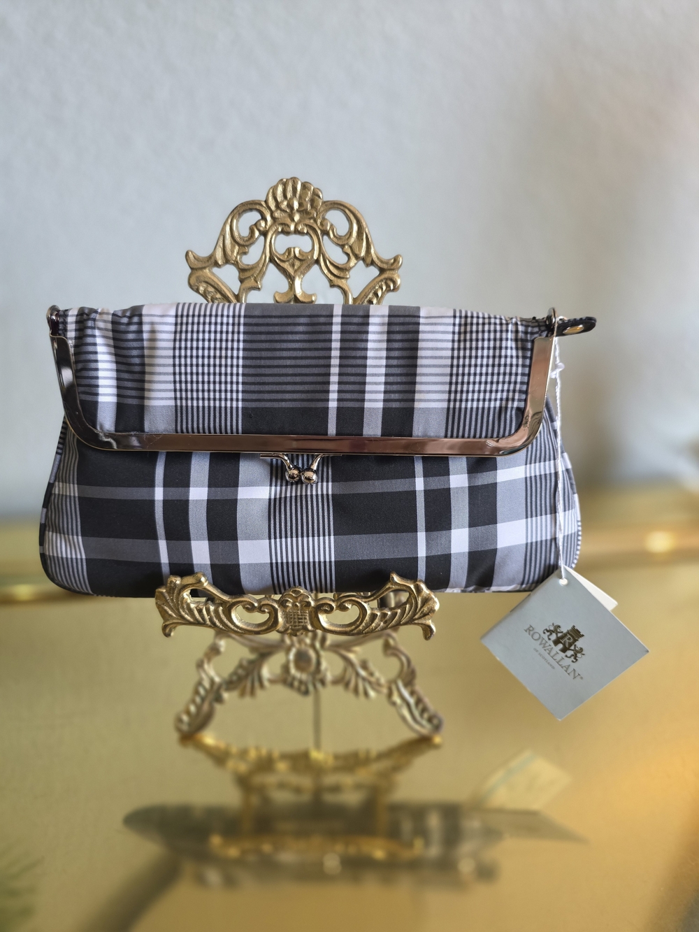 Black & White Plaid Clutch with Metal Frame